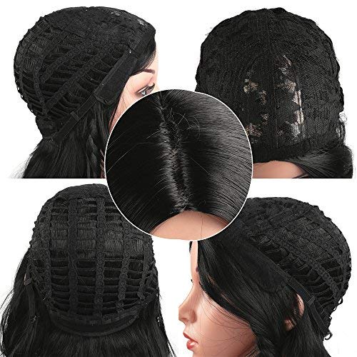 Pelucas de las mujeres sintético negro natural ondulado largo rizado pelucas parte media diaria vestido peluca 56 cm / 22 pulgadas