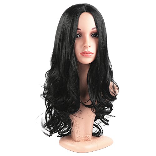 Pelucas de las mujeres sintético negro natural ondulado largo rizado pelucas parte media diaria vestido peluca 56 cm / 22 pulgadas
