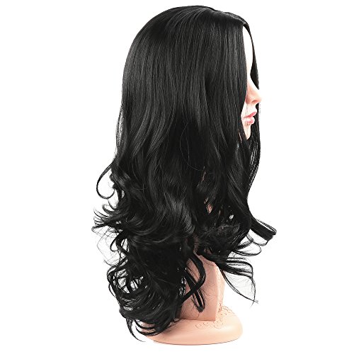 Pelucas de las mujeres sintético negro natural ondulado largo rizado pelucas parte media diaria vestido peluca 56 cm / 22 pulgadas
