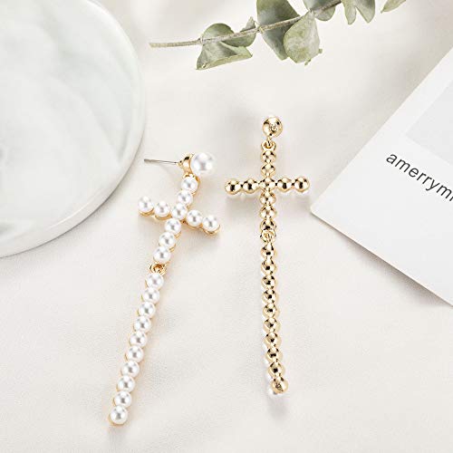 Pendientes Colgantes Cruz Perlas Blanco Mujeres