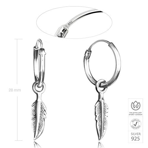 Pendientes de aro con pluma colgante de plata de ley 925