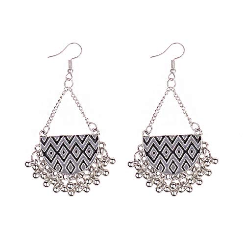 Pendientes De Mujer,Joyas Vintage Bohemio Patrón Ondulado Largo Negro Cosido Arete Colgante De Aleación Para Dama Moda Tendencia Exagerada Personalidad Temperamento Retro Línea Oído Ropa Accesorio