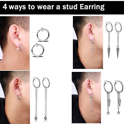 Pendientes de plata para hombre y mujer, un par, bola de acero inoxidable sin agujero, falsos pendientes de clip, circulares, pendientes de aro, punk rock (Plata) (Plata)