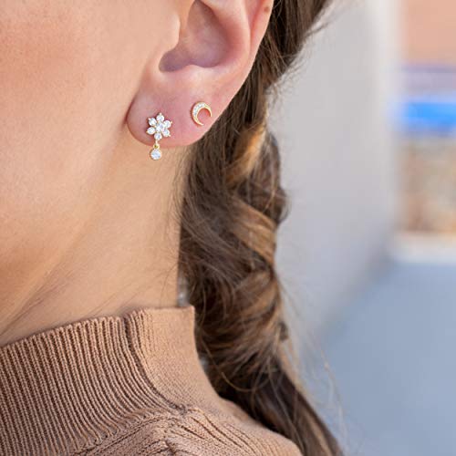 Pendientes Flor de plata ley y chapado en oro con circonitas. Pendientes con Colgante Pequeño para Mujer. (Chapado en oro)