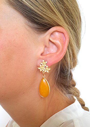 Pendientes Largos Fiesta Boda Mujer Alta Bisutería Elegante con Piedra Natural, Mostaza