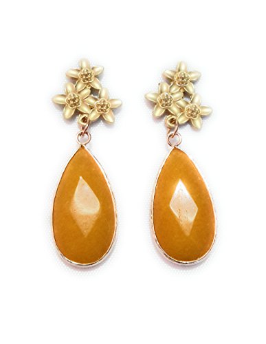 Pendientes Largos Fiesta Boda Mujer Alta Bisutería Elegante con Piedra Natural, Mostaza