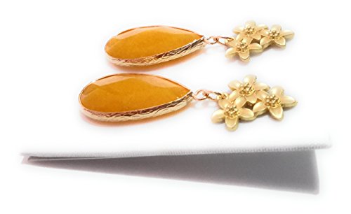 Pendientes Largos Fiesta Boda Mujer Alta Bisutería Elegante con Piedra Natural, Mostaza