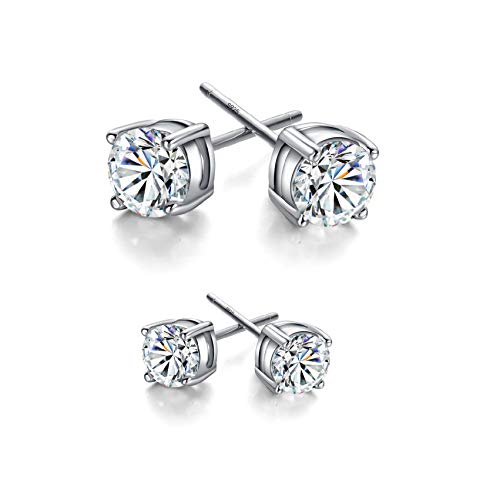 Pendientes Mujer Plata de Ley 925 HILMA – 2 Pares Hermosos Pendientes Niña Súper Brillantes – Joyeria Mujer, el Perfecto Regalo – Pendientes de Plata Hipoalergenicos para Damas y Chicas - 4mm y 6mm
