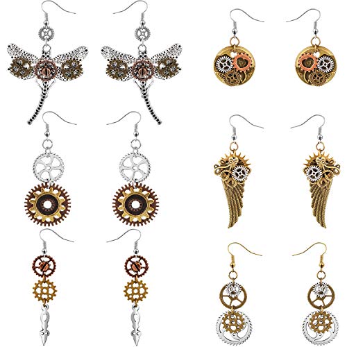 Pendientes Steampunk de 6 piezas Pendientes de relojería vintage Pendientes de reloj de engranaje Pendientes antiguos de mezcla de tonos mixtos, 6 estilos