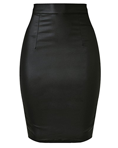 PengGeng Mujeres Vintage Falda Midi Lápiz Cintura Alta Elasticidad Bodycon Tubo Falda Polipiel Oficina Negro 36