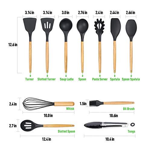 penobon Utensilios Cocina de Silicona, 11 Piezas Antiadherente Utensilios Cocina con Mango de bambú, Regalo para 5 Cucharas Medidoras y Silicona Cuchara Resto
