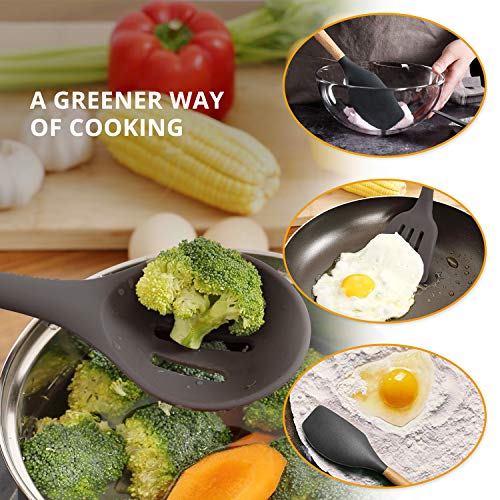 penobon Utensilios Cocina de Silicona, 11 Piezas Antiadherente Utensilios Cocina con Mango de bambú, Regalo para 5 Cucharas Medidoras y Silicona Cuchara Resto