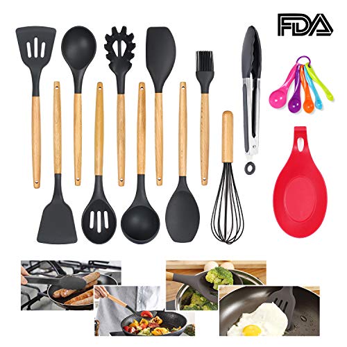 penobon Utensilios Cocina de Silicona, 11 Piezas Antiadherente Utensilios Cocina con Mango de bambú, Regalo para 5 Cucharas Medidoras y Silicona Cuchara Resto