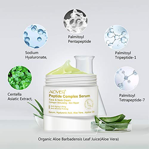 Peptide Complex Suero para el cuello de la cara, ácido hialurónico, aloe vera, aceite de jojoba anti envejecimiento anti arrugas , hidrata revitaliza tu piel mientras rellena líneas finas y arrugas