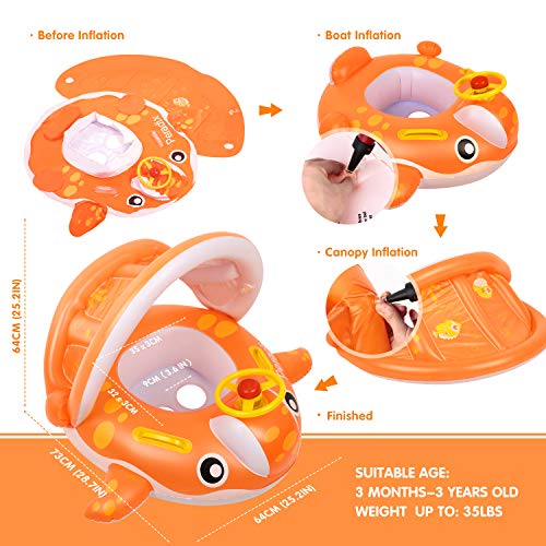 Peradix Flotador para bebé 6meses-3 Años Barco Inflable Flotador con Asiento Respaldo Techo Ajustable Juguetes de Desarrollo de Natación en Agua para Niños (Naranja)