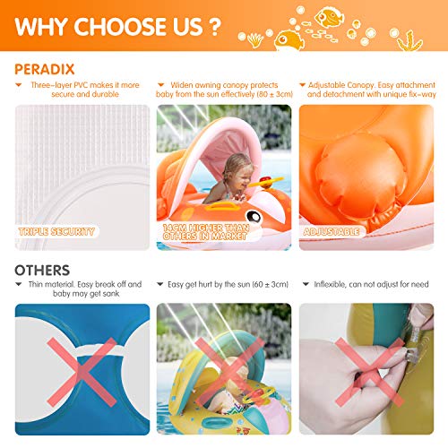 Peradix Flotador para bebé 6meses-3 Años Barco Inflable Flotador con Asiento Respaldo Techo Ajustable Juguetes de Desarrollo de Natación en Agua para Niños (Naranja)