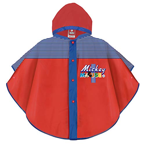 PERLETTI Chubasquero Lluvia Niño Disney Mickey Mouse - Poncho Impermeable Colorado Infantil - Azul y Rojo con Capucha y Botones - Material EVA (Rojo, 2/5 Años)