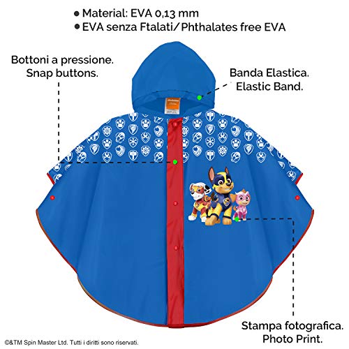 PERLETTI Poncho Impermeable Patrulla Canina Niño - Chubasquero de Lluvia con Estampado Chase Marshall y Skye - Chaqueta Antiviento con Capucha y Botones - Tejido EVA (Azul, 2/5 Años)