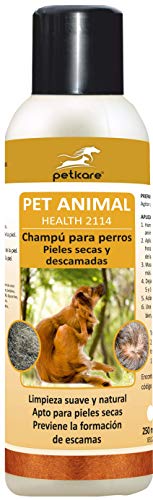 Peticare Champú Especial para Perros - Shampoo de Alta eficacia y Cuidado dermatológico para Piel Seca y caspa, Alivia picor, regenera Piel Sensible, 100% biológico - petDog Health 2114 (250 ml)