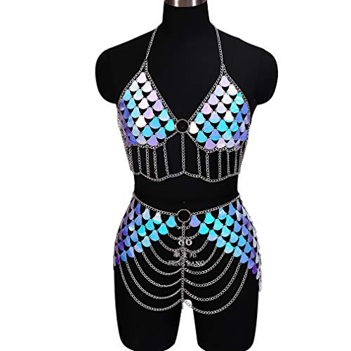 PETMHS Mujeres con lentejuelas cuerpo cadena bikini hombro collar borla arnés retro boho discoteca playa cinturón de jaula de metal EDC fiesta del club disfraz de carnaval de Halloween