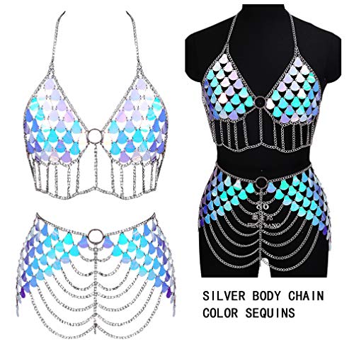 PETMHS Mujeres con lentejuelas cuerpo cadena bikini hombro collar borla arnés retro boho discoteca playa cinturón de jaula de metal EDC fiesta del club disfraz de carnaval de Halloween