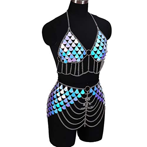 PETMHS Mujeres con lentejuelas cuerpo cadena bikini hombro collar borla arnés retro boho discoteca playa cinturón de jaula de metal EDC fiesta del club disfraz de carnaval de Halloween