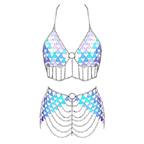 PETMHS Mujeres con lentejuelas cuerpo cadena bikini hombro collar borla arnés retro boho discoteca playa cinturón de jaula de metal EDC fiesta del club disfraz de carnaval de Halloween