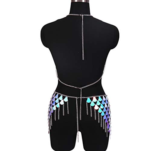 PETMHS Mujeres con lentejuelas cuerpo cadena bikini hombro collar borla arnés retro boho discoteca playa cinturón de jaula de metal EDC fiesta del club disfraz de carnaval de Halloween