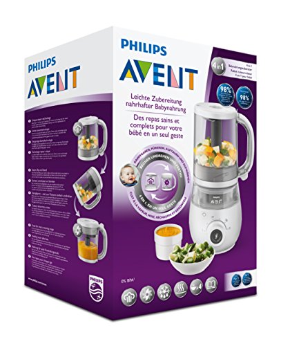 Philips Avent SCF883/01 - Procesador de alimentos para bebé 4 en 1 en color blanco: cocina a vapor, tritura, descongela y calienta en un solo recipiente