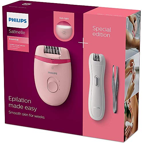 Philips BRP531/00 Satinelle Essential Compact - Depiladora con luz óptima para partes del cuerpo más grandes, mini depiladora para zonas sensibles y pinzas para correcciones finas