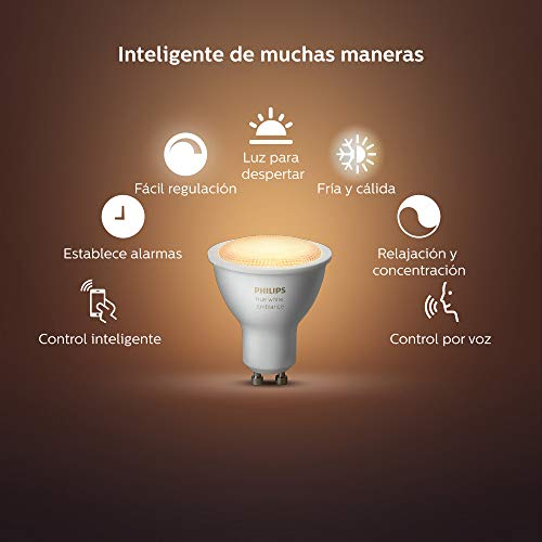 Philips Hue Bombilla Inteligente LED GU10, 5.5W, Luz Blanca de Cálida a Fría, Compatible con Alexa y Google Home