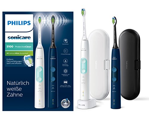 Philips Sonicare ProtectiveClean 5100 HX6851/34 - Cepillo de dientes eléctrico (2 unidades, 3 programas de limpieza, control de presión, estuche de viaje), color blanco y azul