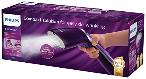 Philips Steam&Go Plancha Vertical Manual GC363/30 Cepillo Vapor de Mano de 1200 W, Elimina Arrugas, Olores y Desinfecta, Deposito de Agua Extraible, Color Morado
