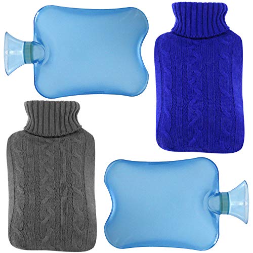 Philonext Paquete de 2 botellas de agua caliente con fundas tejidas - Funda de botella de tejido extraíble y lavable - Alivio rápido del dolor y comodidad (Blue)