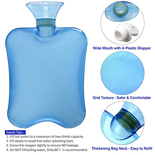 Philonext Paquete de 2 botellas de agua caliente con fundas tejidas - Funda de botella de tejido extraíble y lavable - Alivio rápido del dolor y comodidad (Blue)