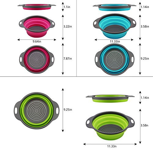 PHILWIN Juego de 3 coladores plegables de cocina, dos piezas de 4 cuartos y una pieza de 2 cuartos, perfecto para drenar pasta, verduras, frutas (verde, azul, morado)