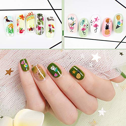 PHOGARY 12 hojas Pegatinas de Uñas de Verano Autoadhesivas 3D - Flamingo Hojas Frutas Playa Cactus Fiesta Hawaiana Calcomanías de Uñas para Niñas, Mujeres, Manicura, Bricolaje o Salón de Uñas