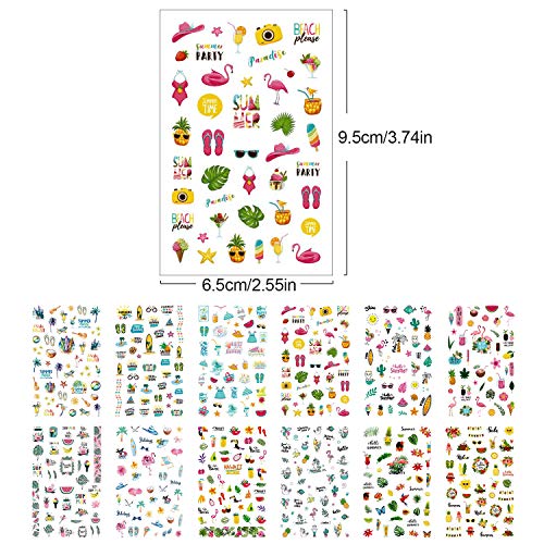PHOGARY 12 hojas Pegatinas de Uñas de Verano Autoadhesivas 3D - Flamingo Hojas Frutas Playa Cactus Fiesta Hawaiana Calcomanías de Uñas para Niñas, Mujeres, Manicura, Bricolaje o Salón de Uñas