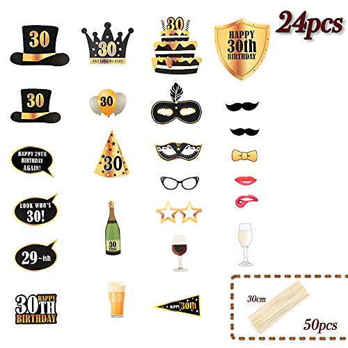 Photocall Cumpleaños 30 Años 24pcs Photo Booth Props+ Marco inflable de Fotocol Adornos Accesorios Decoración Fiesta Cumpleaños