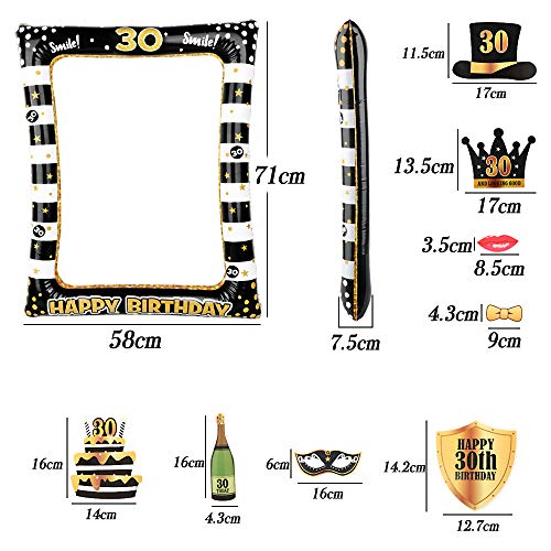 Photocall Cumpleaños 30 Años 24pcs Photo Booth Props+ Marco inflable de Fotocol Adornos Accesorios Decoración Fiesta Cumpleaños