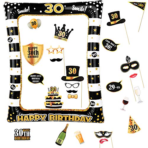 Photocall Cumpleaños 30 Años 24pcs Photo Booth Props+ Marco inflable de Fotocol Adornos Accesorios Decoración Fiesta Cumpleaños