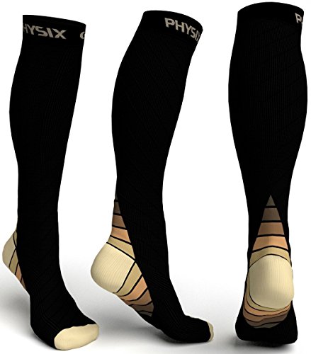Physix Gear Sport Calcetines de compresión, los Mejores Calcetines compresión Mujer y Hombre para el Dolor de pies y Gemelos, Medias de compresión Hombre y Mujer, 1 par, S/M, Negro/Beige