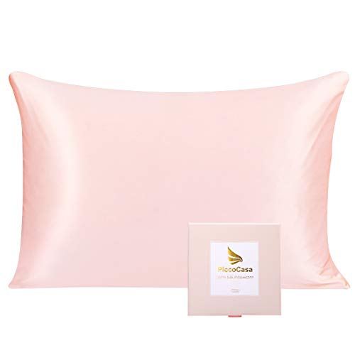PICCOCASA Seda Funda Almohada con Ambos Lados 25 Mamis Pura Seda, Transpirable Cuidado para Piel y Pelo,1 Pieza Seda Funda Almohada con Escondida Cremallera Rosado Estándar