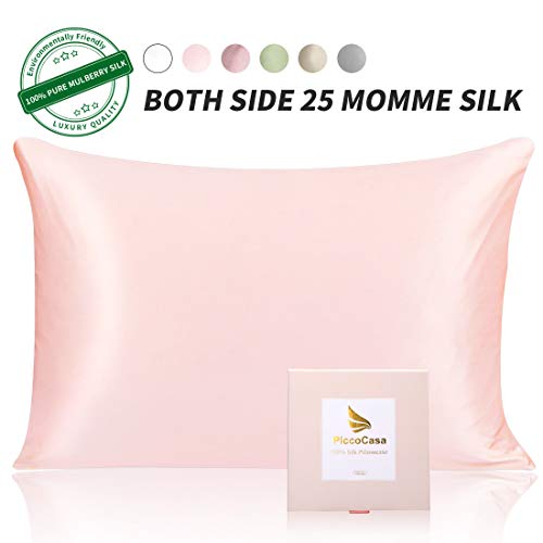 PICCOCASA Seda Funda Almohada con Ambos Lados 25 Mamis Pura Seda, Transpirable Cuidado para Piel y Pelo,1 Pieza Seda Funda Almohada con Escondida Cremallera Rosado Estándar