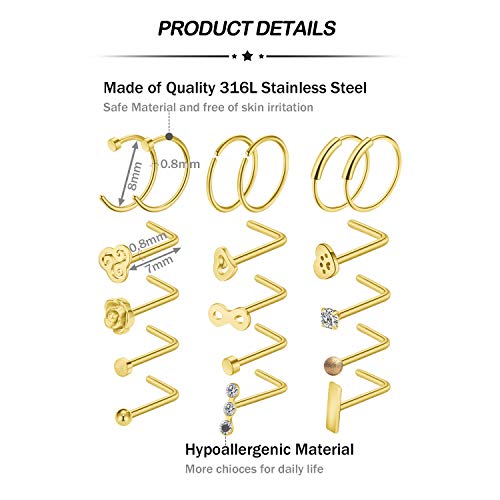 Piercing Nariz Anillos Perno 20G Acero Quirúrgico Dorado C-forma L-forma Recto Nariz Stud Tornillo Espiral Joyería del Cuerpo 18 Piezas