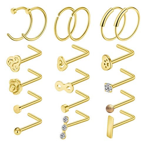 Piercing Nariz Anillos Perno 20G Acero Quirúrgico Dorado C-forma L-forma Recto Nariz Stud Tornillo Espiral Joyería del Cuerpo 18 Piezas