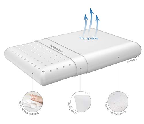 Pikolin Home - Almohada de látex natural, soporte ergonómico, 35x90cm, altura 13cm, color blanco (Todas las medidas)