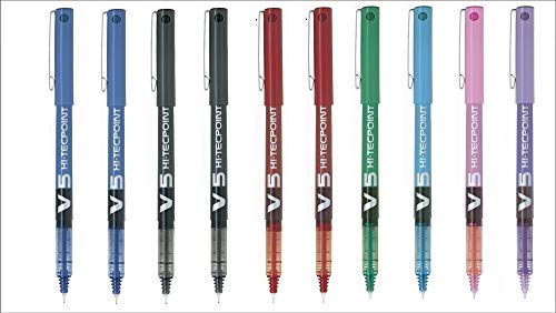 Pilot-Pack de 10 Boligrafos/Rollers Pilot BX V5 Hi-Tecpoint-(2 Azules-2 Negros-2 Rojos-1 Verde- 1 Violeta- 1 Rosa y 1 Azul Calro)