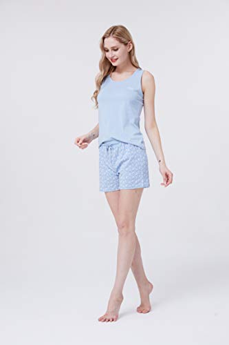 PimpamTex – Pijama Mujer de Verano, Conjunto 2 Piezas Camiseta de Tirantas y Pantalón Corto, 100% Algodón Suave y Transpirable, Diseños Originales y Divertidos. (Parra Indigo, XL)