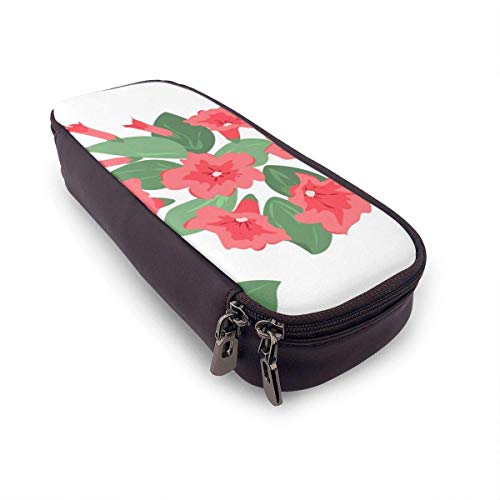 Pink Moring Glory Flowers Floral Pu Funda de lápiz de cuero Bolso de la pluma Alta capacidad Doble cremallera Caja de la pluma Caja de maquillaje Bolsa Bolsa de monedas